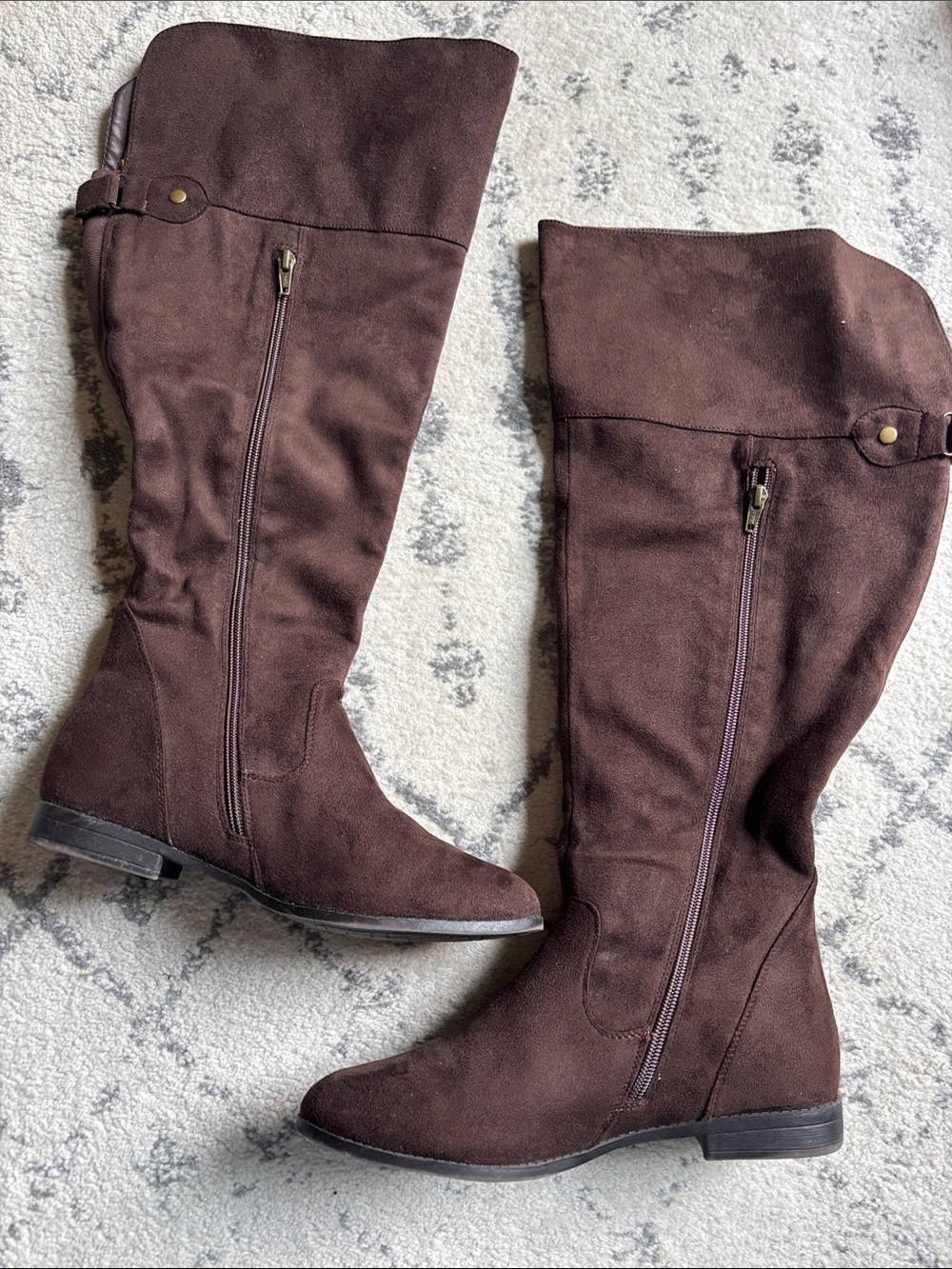 Extra-Wide Calf Knee High Faux Suede Zippered Boots - Brown